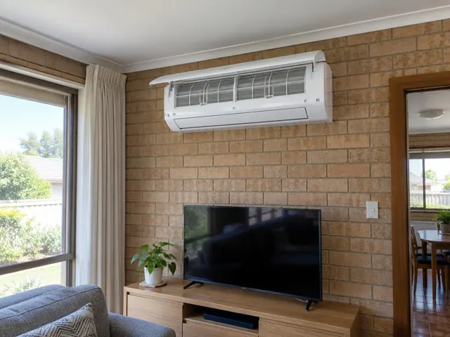 Clean split system on a brick wall above a TV in a living room in Happy Valley