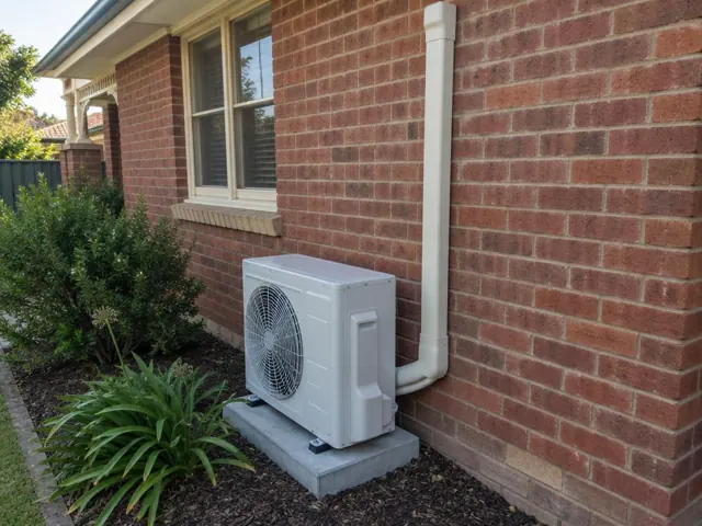 Outdoor air conditioning unit on a concrete pad beside a brick house wall in Morphett Vale